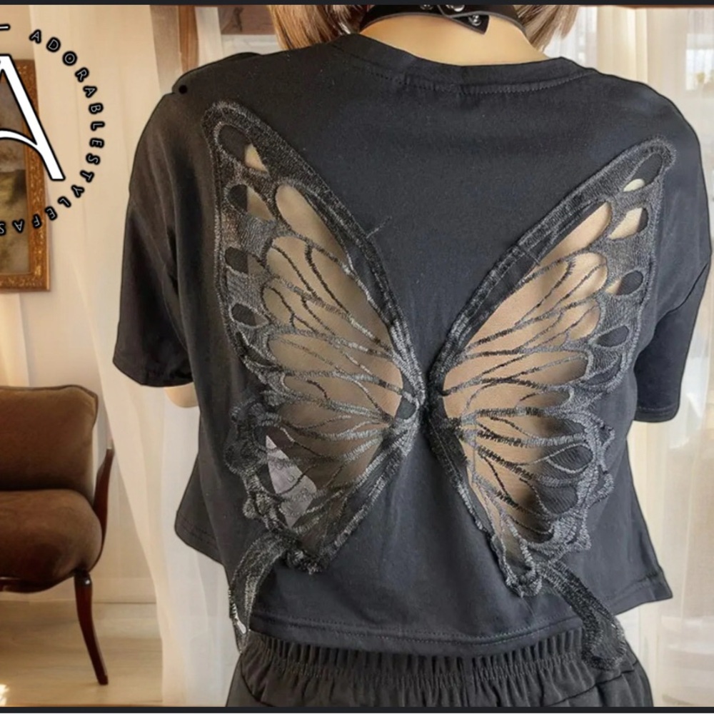 Black Butterfly Cutout Top